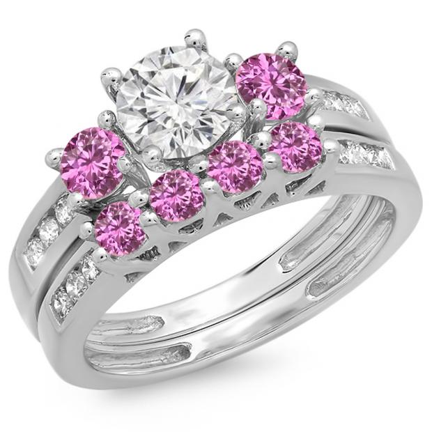1.80 Carat (ctw) 10K White Gold Round Pink Sapphire & White Diamond Ladies Bridal 3 Stone Engagement Ring With Matching Band Set