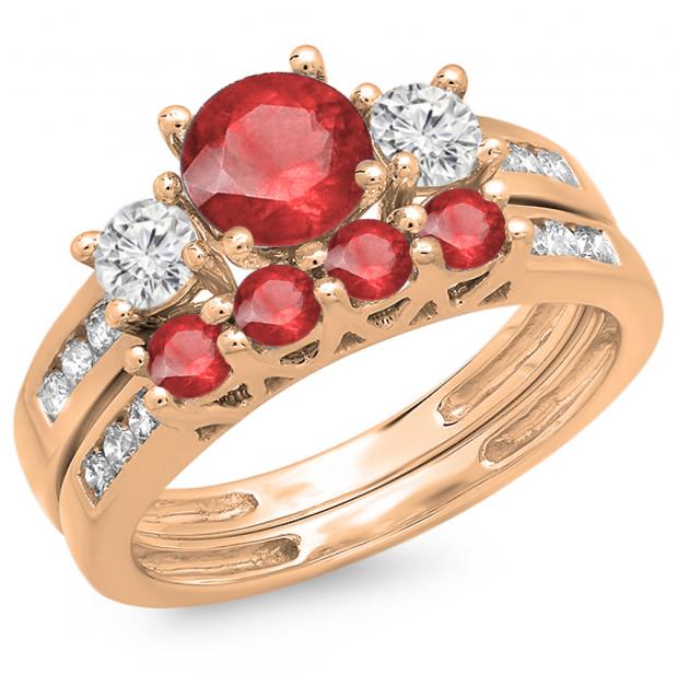 1.80 Carat (ctw) 10K Rose Gold Round Red Ruby & White Diamond Ladies Bridal 3 Stone Engagement Ring With Matching Band Set