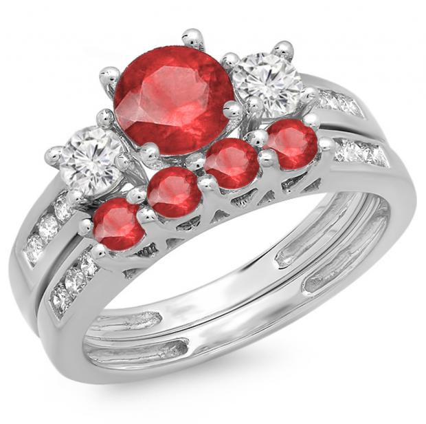 1.80 Carat (ctw) 10K White Gold Round Red Ruby & White Diamond Ladies Bridal 3 Stone Engagement Ring With Matching Band Set