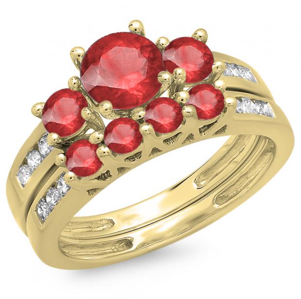1.80 Carat (ctw) 10K Yellow Gold Round Red Ruby & White Diamond Ladies Bridal 3 Stone Engagement Ring With Matching Band Set