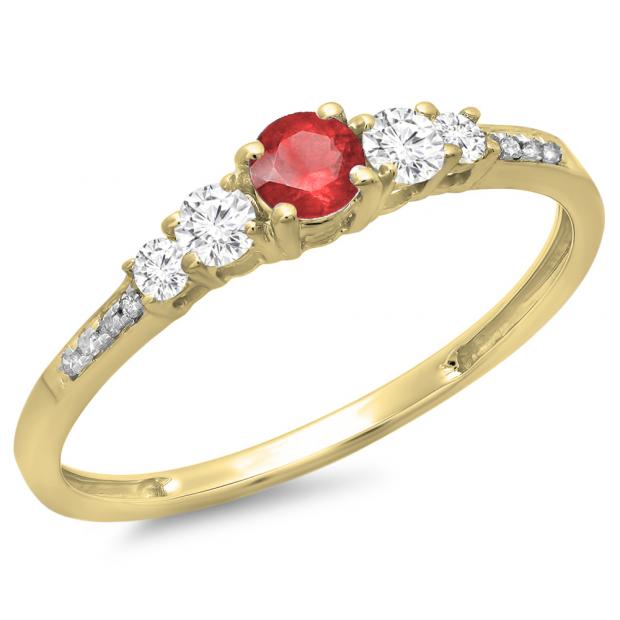 0.40 Carat (ctw) 14K Yellow Gold Round Cut Red Ruby & White Diamond Ladies Bridal 5 Stone Engagement Ring