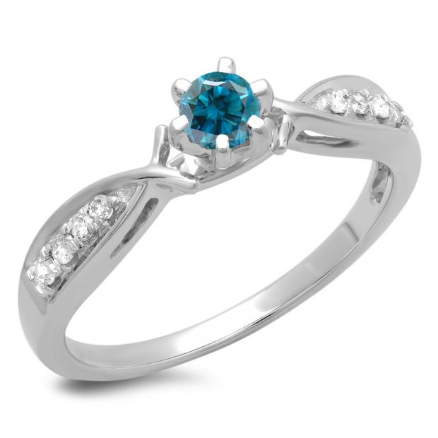 0.33 Carat (ctw) 10K White Gold Round Cut Blue & White Diamond Ladies Bridal Solitaire With Accents Engagement Ring 1/3 CT