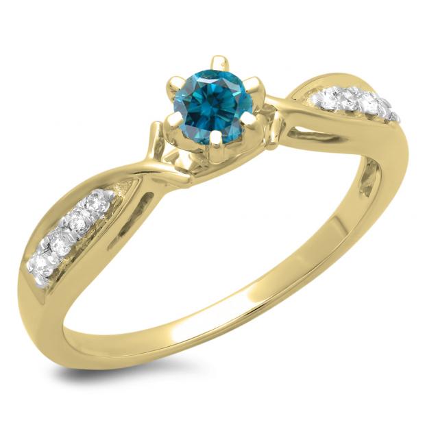 0.33 Carat (ctw) 14K Yellow Gold Round Cut Blue & White Diamond Ladies Bridal Solitaire With Accents Engagement Ring 1/3 CT