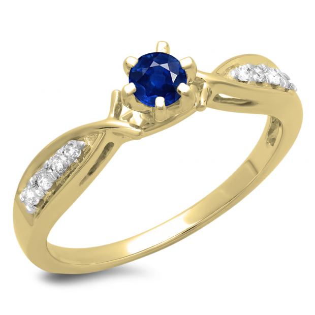 0.33 Carat (ctw) 10K Yellow Gold Round Cut Blue Sapphire & White Diamond Ladies Bridal Solitaire With Accents Engagement Ring 1/3 CT
