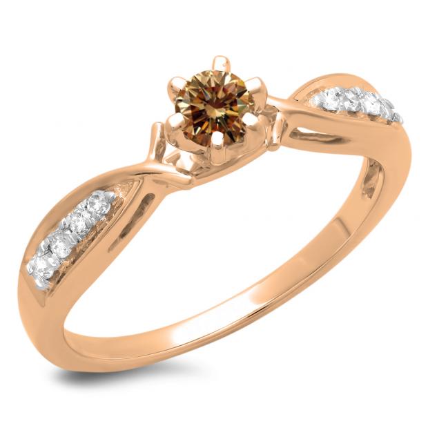 0.33 Carat (ctw) 14K Rose Gold Round Cut Champagne & White Diamond Ladies Bridal Solitaire With Accents Engagement Ring 1/3 CT