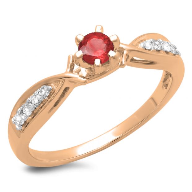 0.33 Carat (ctw) 14K Rose Gold Round Cut Red Ruby & White Diamond Ladies Bridal Solitaire With Accents Engagement Ring 1/3 CT