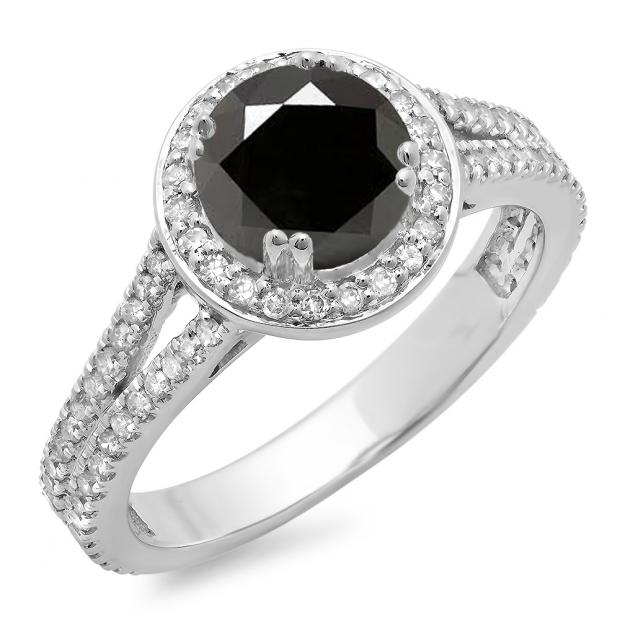 1.50 Carat (ctw) 18K White Gold Round Cut Black & White Diamond Ladies Bridal Split Shank Halo Engagement Ring 1 1/2 CT