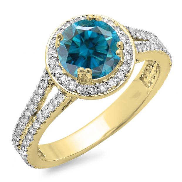 1.50 Carat (ctw) 18K Yellow Gold Round Cut Blue & White Diamond Ladies Bridal Split Shank Halo Engagement Ring 1 1/2 CT