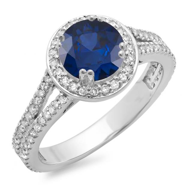 1.50 Carat (ctw) 10K White Gold Round Cut Blue Sapphire & White Diamond Ladies Bridal Split Shank Halo Engagement Ring 1 1/2 CT
