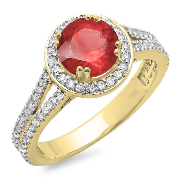 1.50 Carat (ctw) 18K Yellow Gold Round Cut Red Ruby & White Diamond Ladies Bridal Split Shank Halo Engagement Ring 1 1/2 CT