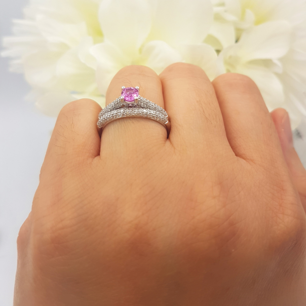 Eye Catching 1.48 ctw Pink Sapphire and Diamond Ring in 14K White and Rose Gold