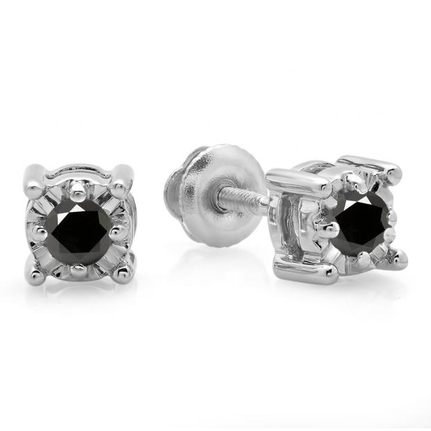 0.20 Carat (ctw) Sterling Silver Round Cut Black Diamond Ladies Solitaire Bezel Set Stud Earrings 1/5 CT