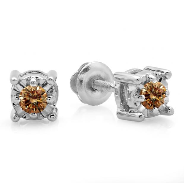 0.20 Carat (ctw) Sterling Silver Round Cut Champagne Diamond Ladies Solitaire Bezel Set Stud Earrings 1/5 CT