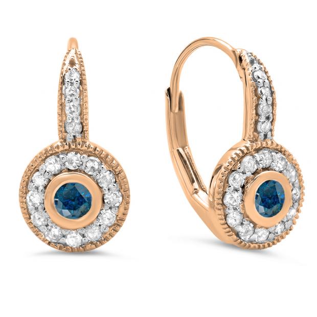 0.45 Carat (ctw) 10K Rose Gold Round Cut Blue & White Diamond Ladies Cluster Halo Style Milgrain Drop Earrings 1/2 CT