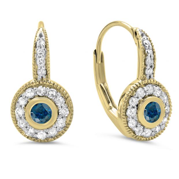 0.45 Carat (ctw) 14K Yellow Gold Round Cut Blue & White Diamond Ladies Cluster Halo Style Milgrain Drop Earrings 1/2 CT