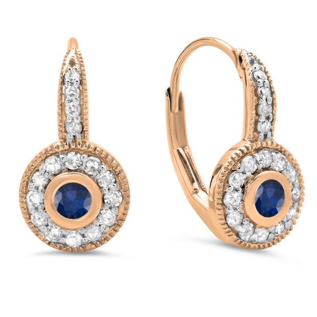 0.45 Carat (ctw) 14K Rose Gold Round Cut Blue Sapphire & White Diamond Ladies Cluster Halo Style Milgrain Drop Earrings 1/2 CT