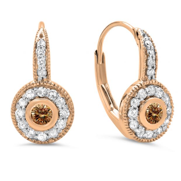 0.45 Carat (ctw) 10K Rose Gold Round Cut Champagne & White Diamond Ladies Cluster Halo Style Milgrain Drop Earrings 1/2 CT