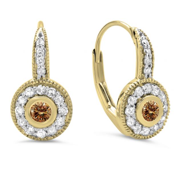 0.45 Carat (ctw) 14K Yellow Gold Round Cut Champagne & White Diamond Ladies  Cluster Halo Style Milgrain Drop Earrings 1/2 CT