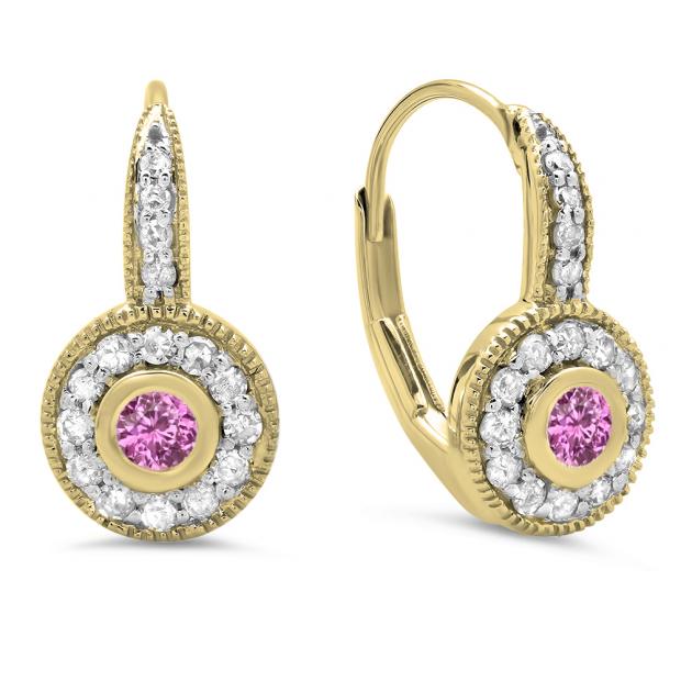 0.45 Carat (ctw) 14K Yellow Gold Round Cut Pink Sapphire & White Diamond Ladies Cluster Halo Style Milgrain Drop Earrings 1/2 CT
