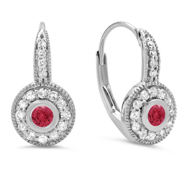 0.45 Carat (ctw) 10K White Gold Round Cut Ruby & White Diamond Ladies Cluster Halo Style Milgrain Drop Earrings 1/2 CT