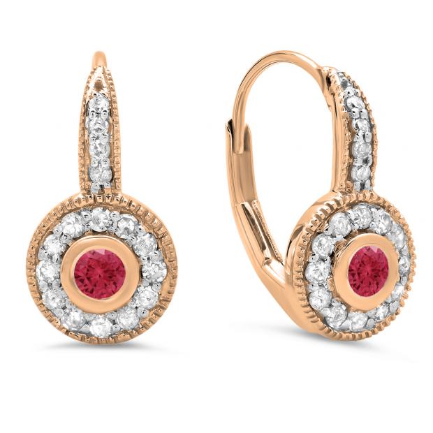 0.45 Carat (ctw) 14K Rose Gold Round Cut Ruby & White Diamond Ladies Cluster Halo Style Milgrain Drop Earrings 1/2 CT