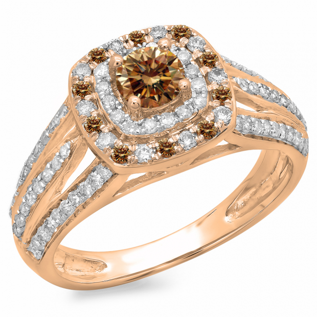 1.10 Carat (ctw) 18K Rose Gold Round Cut Champagne & White Diamond Ladies Split Shank Vintage Style Bridal Halo Engagement Ring 1 CT