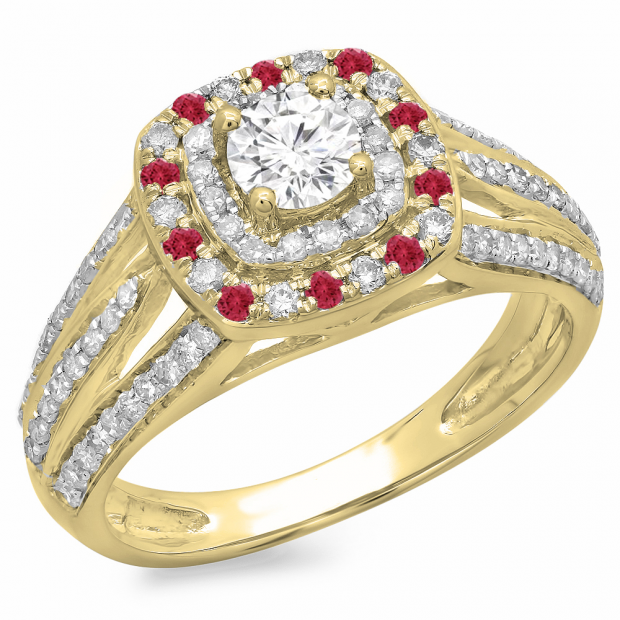 1.10 Carat (ctw) 18K Yellow Gold Round Cut Ruby & White Diamond Ladies Split Shank Vintage Style Bridal Halo Engagement Ring 1 CT