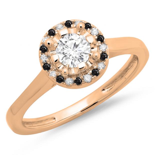 0.50 Carat (ctw) 10K Rose Gold Round Black & White Diamond Ladies Bridal Halo Style Engagement Ring 1/2 CT