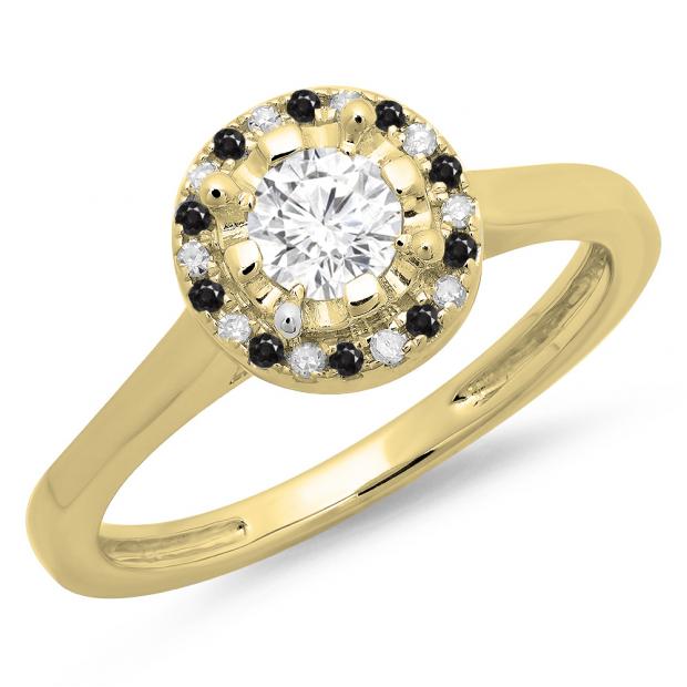 0.50 Carat (ctw) 14K Yellow Gold Round Black & White Diamond Ladies Bridal Halo Style Engagement Ring 1/2 CT