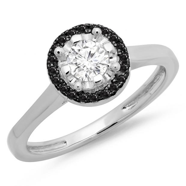 0.50 Carat (ctw) 10K White Gold Round Black & White Diamond Ladies Bridal Halo Style Engagement Ring 1/2 CT
