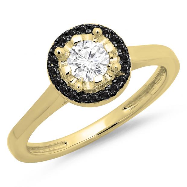 0.50 Carat (ctw) 18K Yellow Gold Round Black & White Diamond Ladies Bridal Halo Style Engagement Ring 1/2 CT