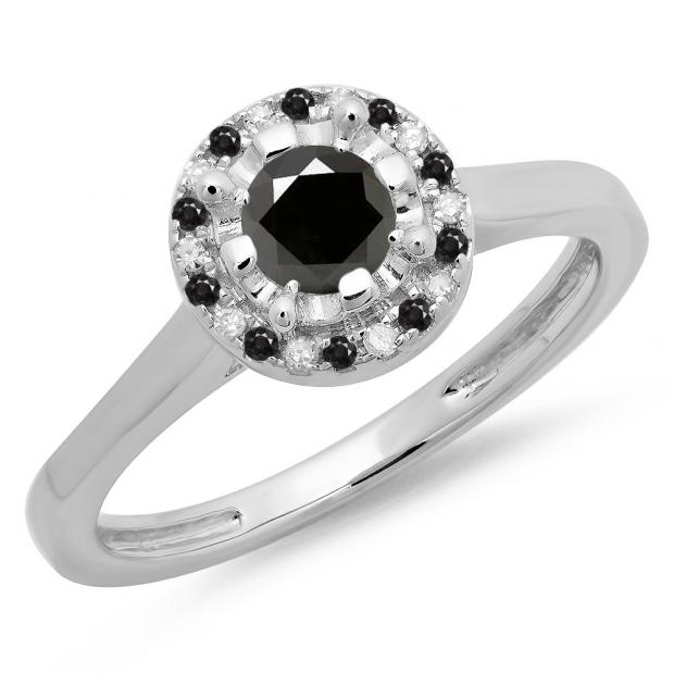 0.50 Carat (ctw) 10K White Gold Round Black & White Diamond Ladies Bridal Halo Style Engagement Ring 1/2 CT