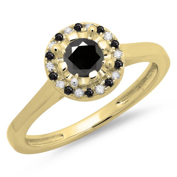 0.50 Carat (ctw) 14K Yellow Gold Round Black & White Diamond Ladies Bridal Halo Style Engagement Ring 1/2 CT