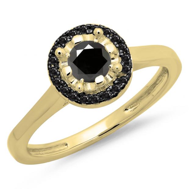 0.50 Carat (ctw) 10K Yellow Gold Round Black Diamond Ladies Bridal Halo Style Engagement Ring 1/2 CT