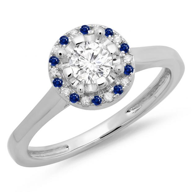 0.50 Carat (ctw) 10K White Gold Round Blue Sapphire & White Diamond Ladies Bridal Halo Style Engagement Ring 1/2 CT