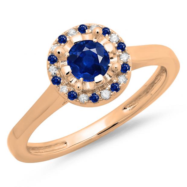 0.50 Carat (ctw) 14K Rose Gold Round Blue Sapphire & White Diamond Ladies Bridal Halo Style Engagement Ring 1/2 CT