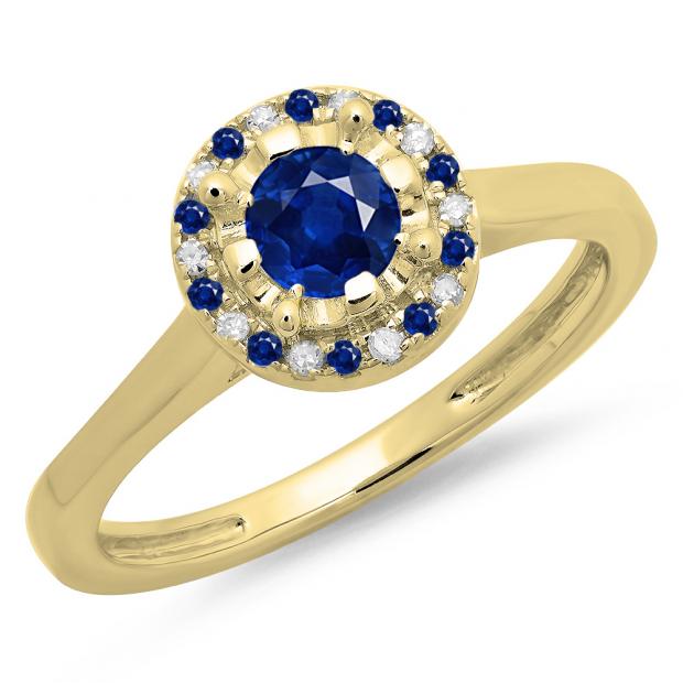 0.50 Carat (ctw) 14K Yellow Gold Round Blue Sapphire & White Diamond Ladies Bridal Halo Style Engagement Ring 1/2 CT