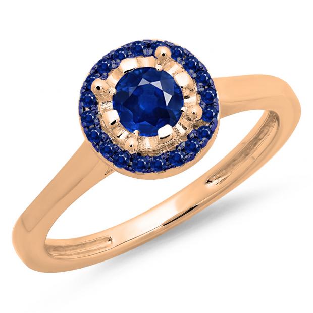 0.50 Carat (ctw) 10K Rose Gold Round Blue Sapphire Ladies Bridal Halo Style Engagement Ring 1/2 CT