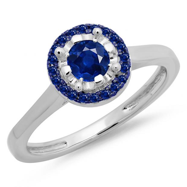 0.50 Carat (ctw) 14K White Gold Round Blue Sapphire Ladies Bridal Halo Style Engagement Ring 1/2 CT