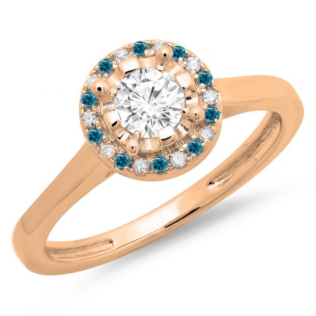 0.50 Carat (ctw) 10K Rose Gold Round Blue & White Diamond Ladies Bridal Halo Style Engagement Ring 1/2 CT