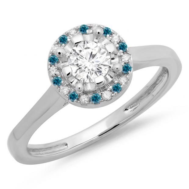 0.50 Carat (ctw) 14K White Gold Round Blue & White Diamond Ladies Bridal Halo Style Engagement Ring 1/2 CT