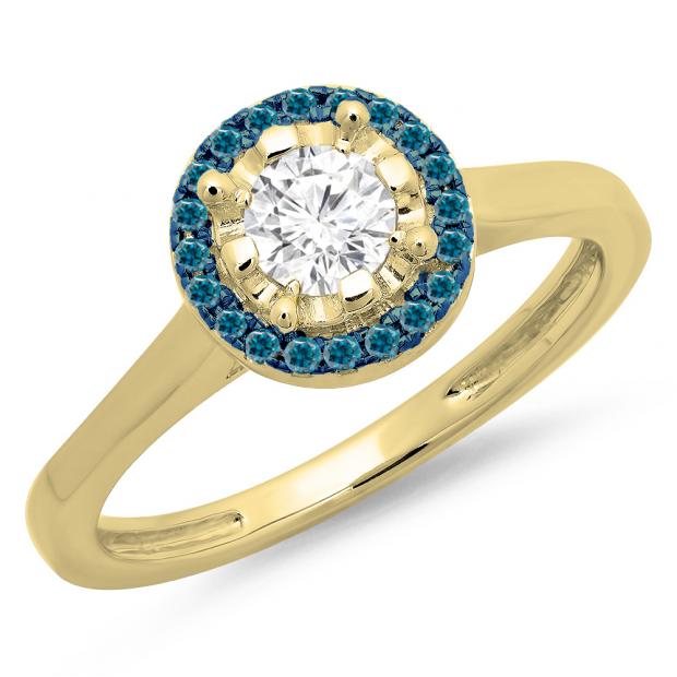 0.50 Carat (ctw) 18K Yellow Gold Round Blue & White Diamond Ladies Bridal Halo Style Engagement Ring 1/2 CT