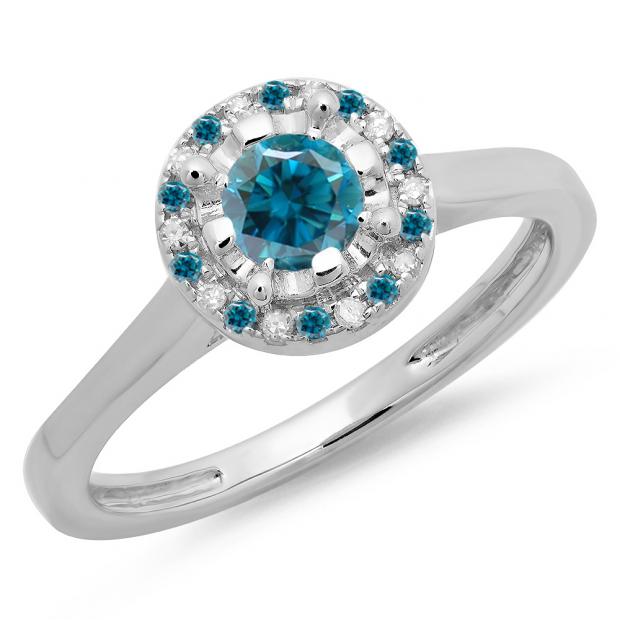 0.50 Carat (ctw) 18K White Gold Round Blue & White Diamond Ladies Bridal Halo Style Engagement Ring 1/2 CT