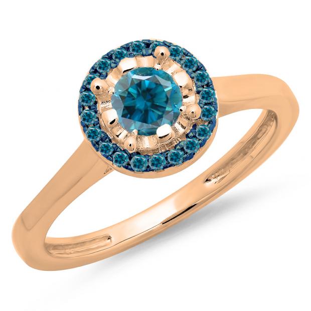 0.50 Carat (ctw) 10K Rose Gold Round Blue Diamond Ladies Bridal Halo Style Engagement Ring 1/2 CT