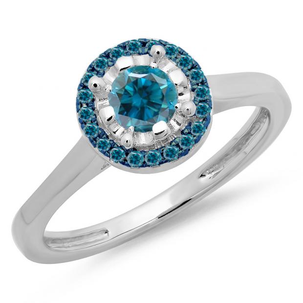 0.50 Carat (ctw) 10K White Gold Round Blue Diamond Ladies Bridal Halo Style Engagement Ring 1/2 CT