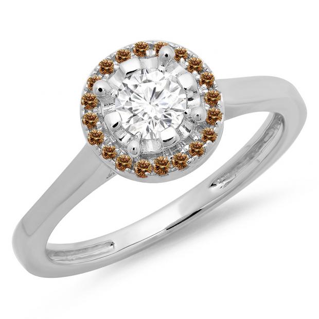 0.50 Carat (ctw) 14K White Gold Round Champagne & White Diamond Ladies Bridal Halo Style Engagement Ring 1/2 CT