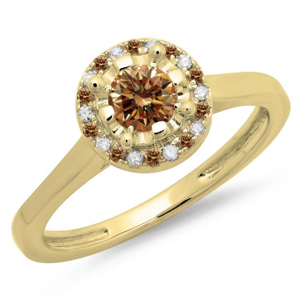 0.50 Carat (ctw) 10K Yellow Gold Round Champagne & White Diamond Ladies Bridal Halo Style Engagement Ring 1/2 CT