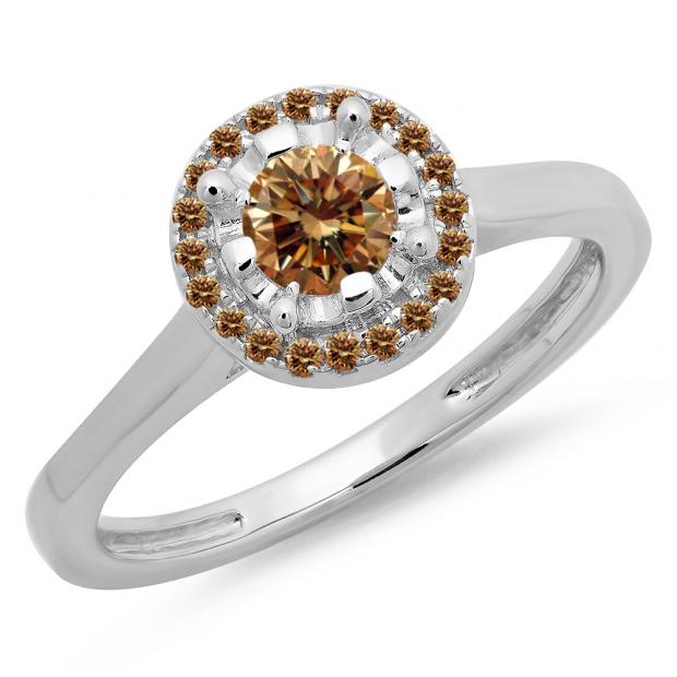 0.50 Carat (ctw) 10K White Gold Round Champagne Diamond Ladies Bridal Halo Style Engagement Ring 1/2 CT