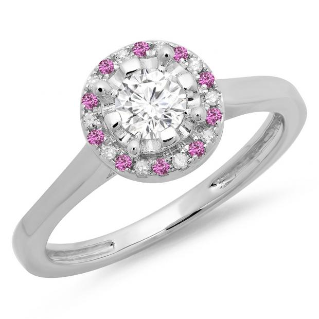 0.50 Carat (ctw) 10K White Gold Round Pink Sapphire & White Diamond Ladies Bridal Halo Style Engagement Ring 1/2 CT