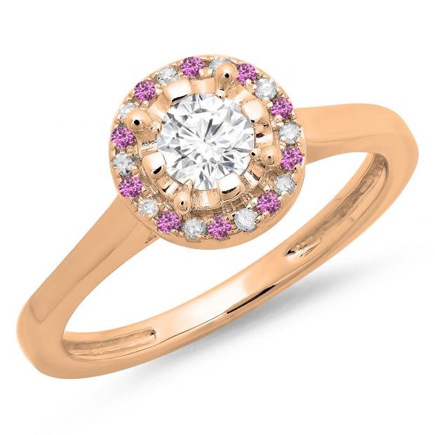 0.50 Carat (ctw) 14K Rose Gold Round Pink Sapphire & White Diamond Ladies Bridal Halo Style Engagement Ring 1/2 CT